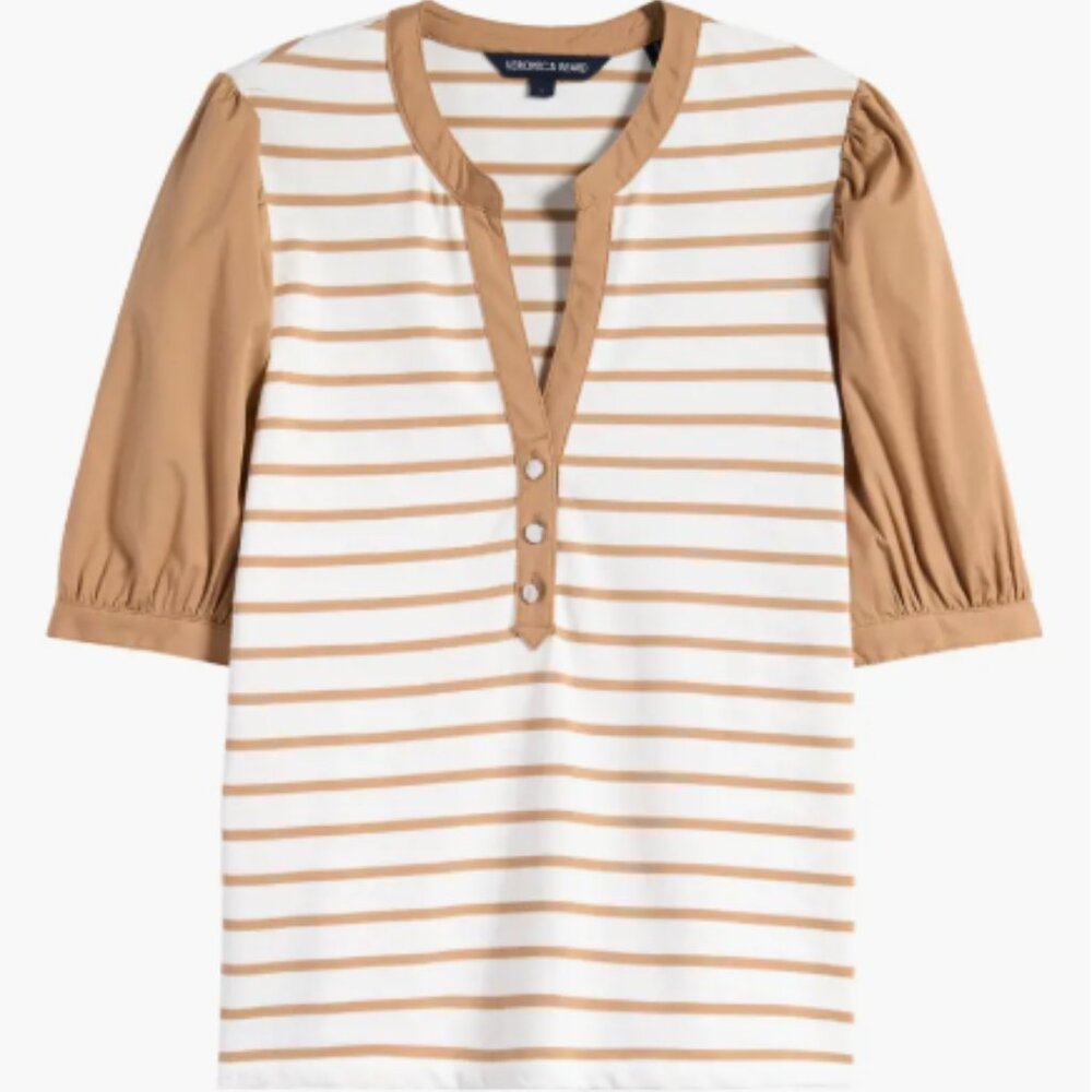 Veronica Beard Tan and White Striped Short Sleeve Top S